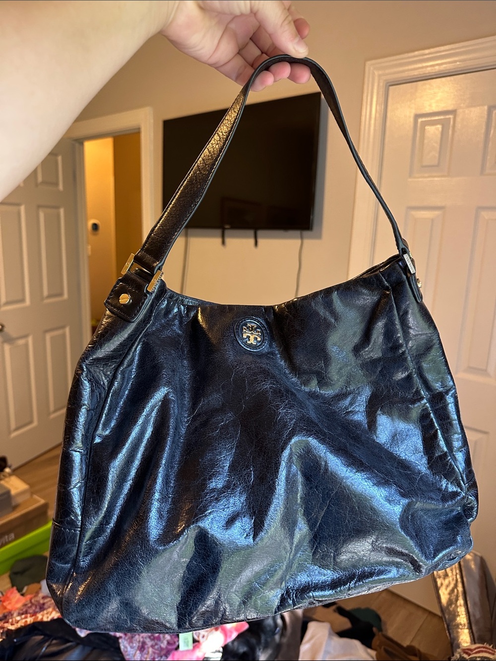 Tory Burch Shiny Black Leather Shoulder Hobo with Logo Medallion